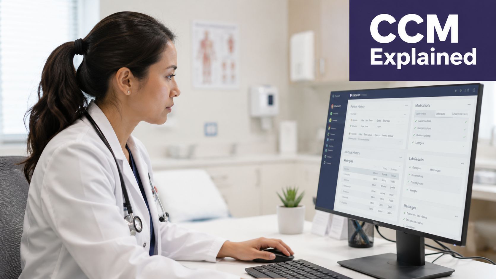 A female doctor in a white coat working on a computer displaying patient health records in office.