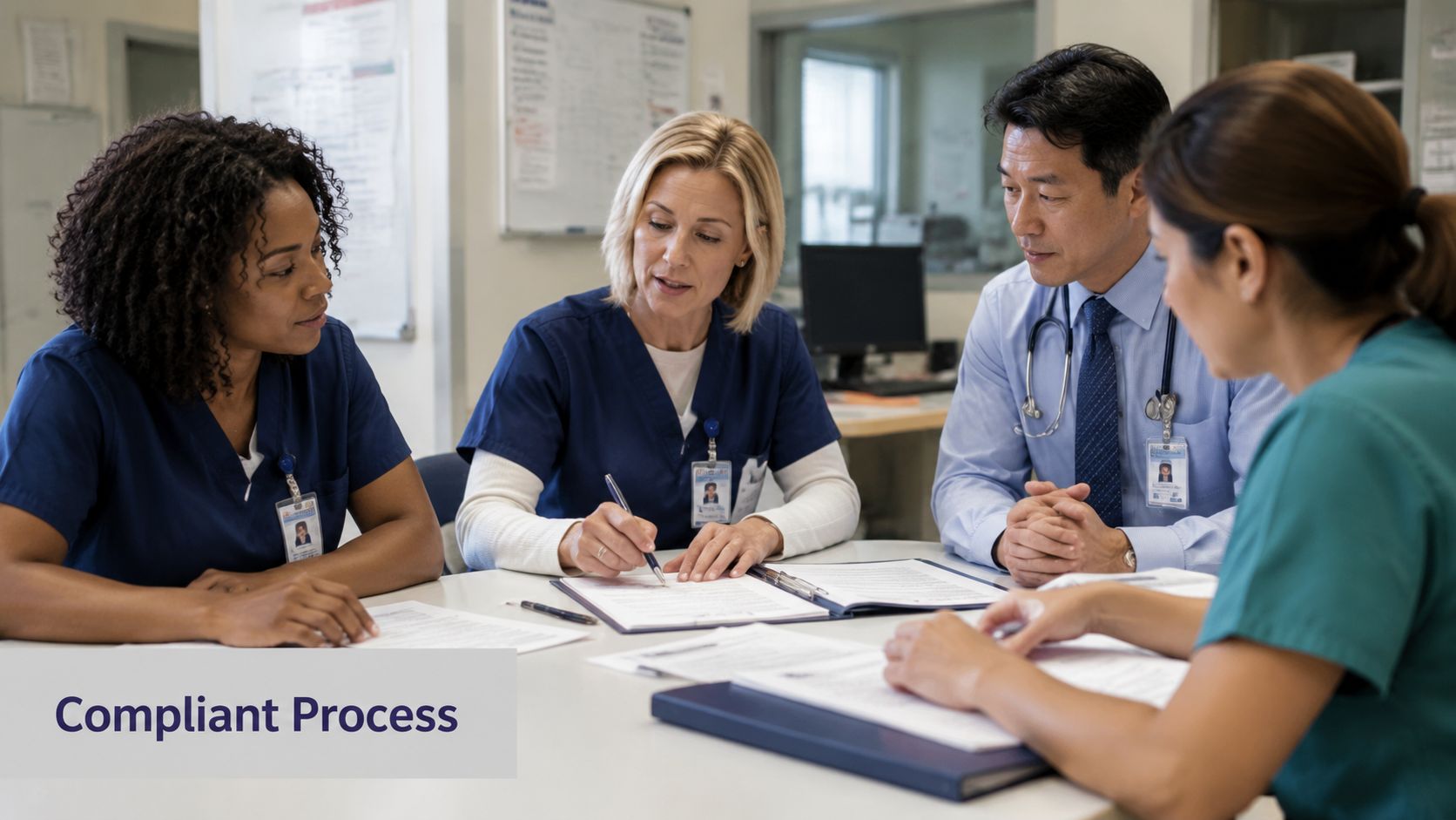 A diverse team of medical professionals reviewing healthcare documentation together during a collaborative meeting in an office.