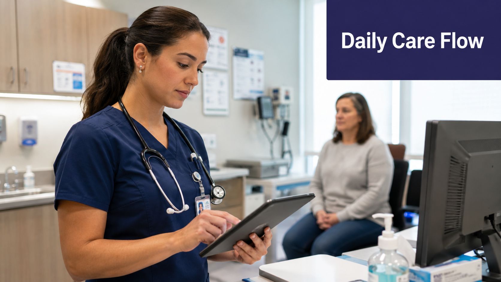 A healthcare professional checking digital patient records on a tablet in a clinical setting with a patient.