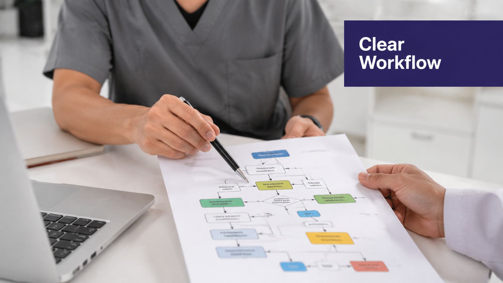 A healthcare professional pointing at a printed workflow flowchart during a professional consultation in an office.