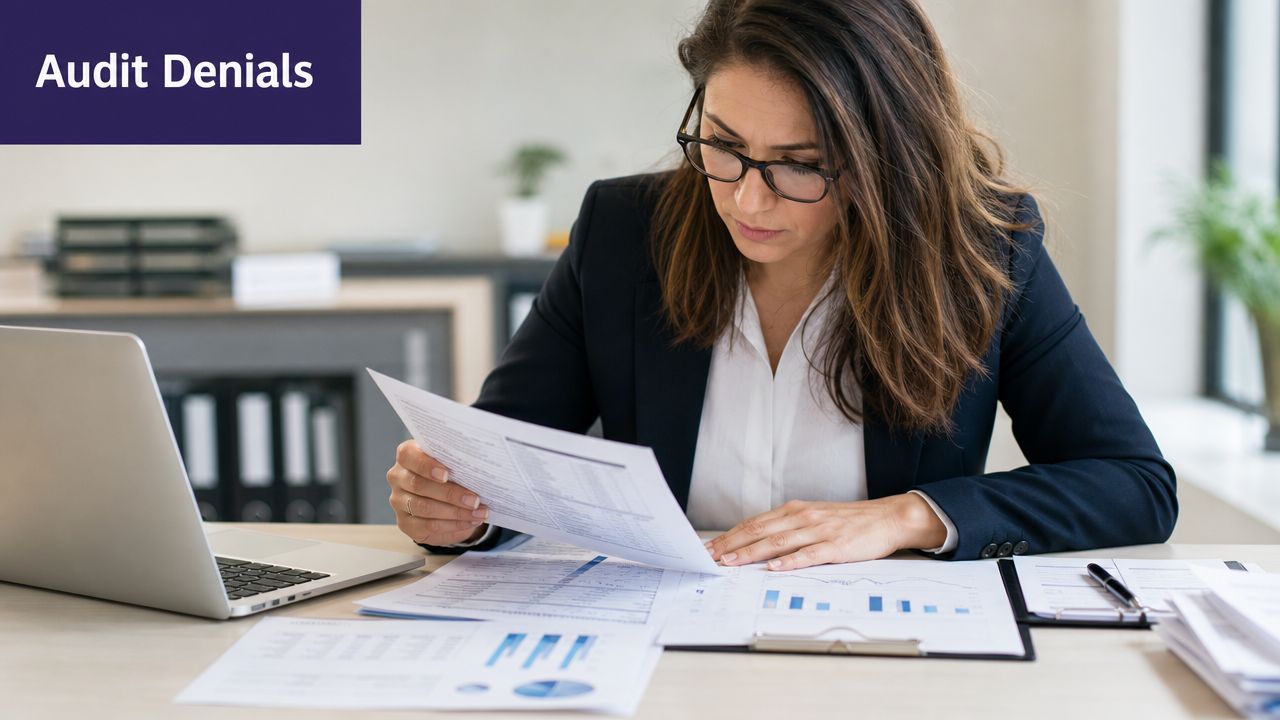 A professional woman in a suit sitting at a desk reviewing financial documents and audit reports.