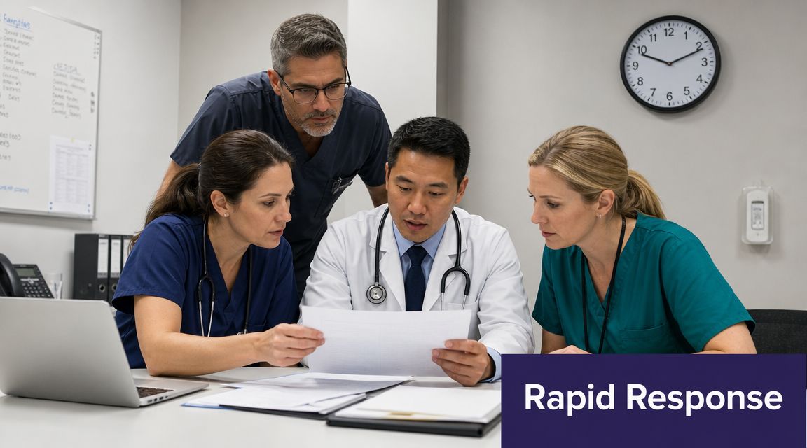 A diverse medical team reviewing patient documents together in a collaborative hospital office setting.