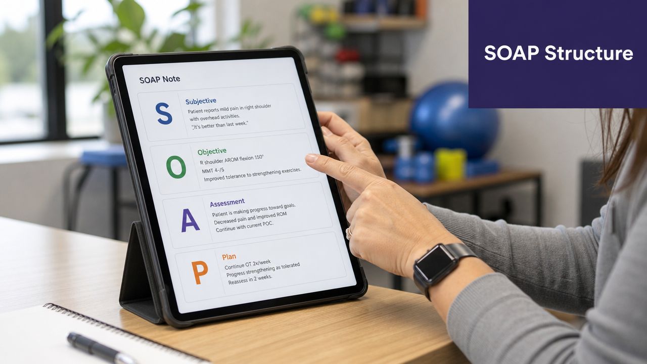 A healthcare professional reviewing a patient SOAP note displayed on a digital tablet in a clinic.