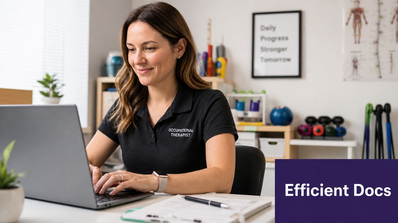 An occupational therapist smiles while working on documentation at a laptop in her clinical office space.