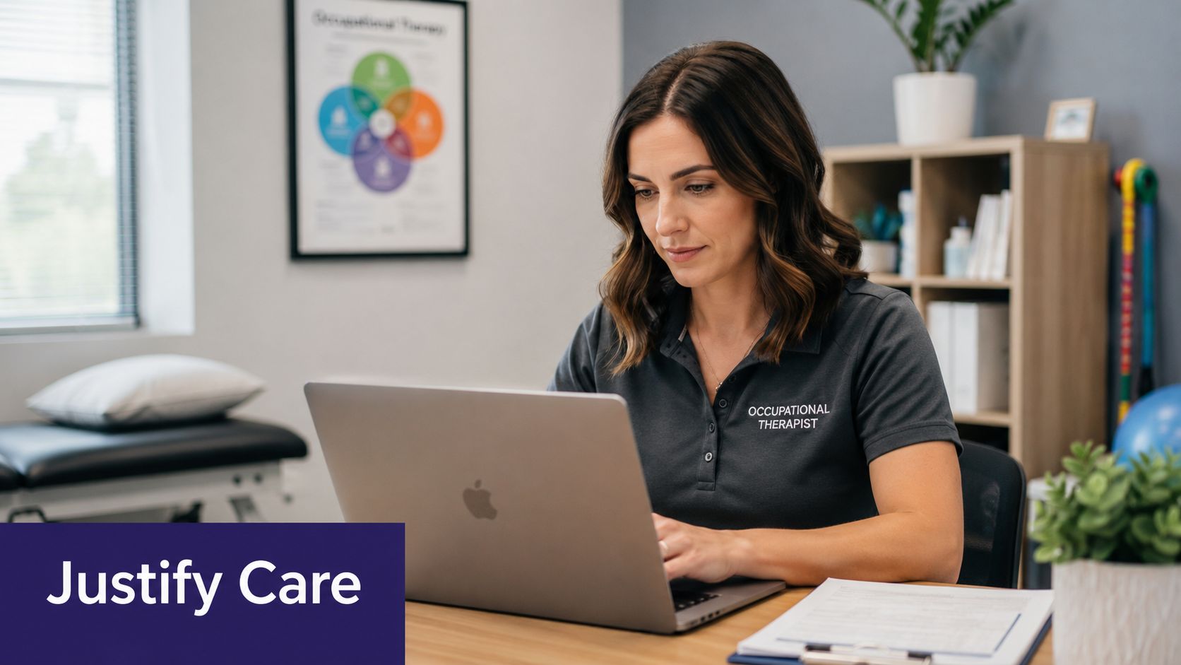 An occupational therapist works on a laptop in a professional clinic setting with office supplies nearby.