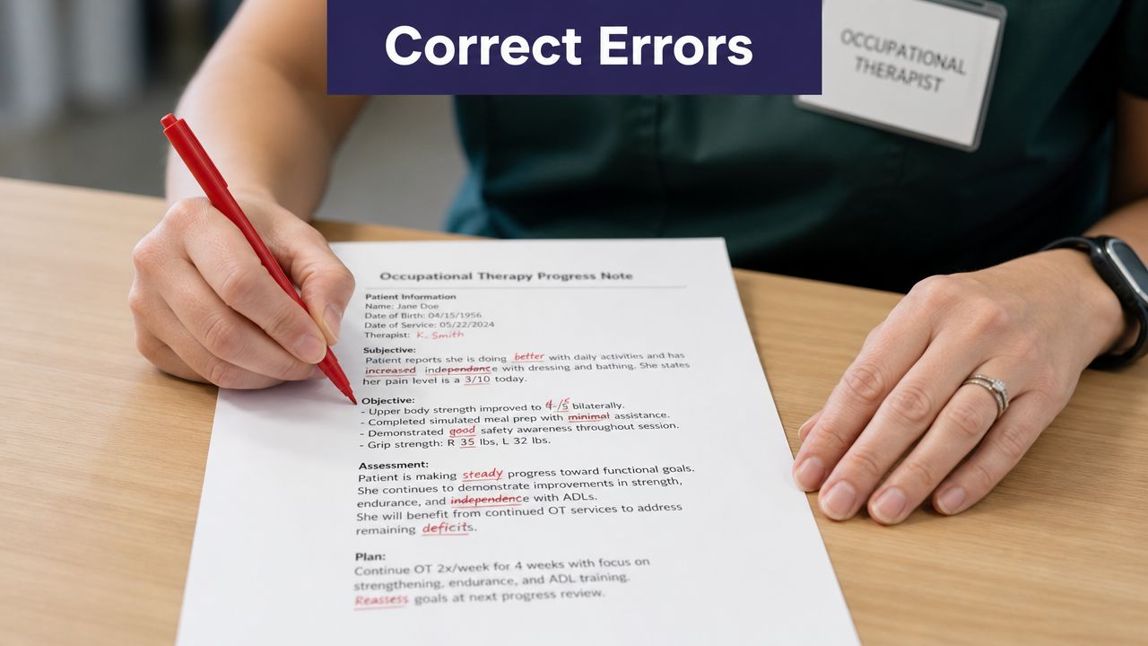 An occupational therapist marking corrections with a red pen on a progress note document for a patient.