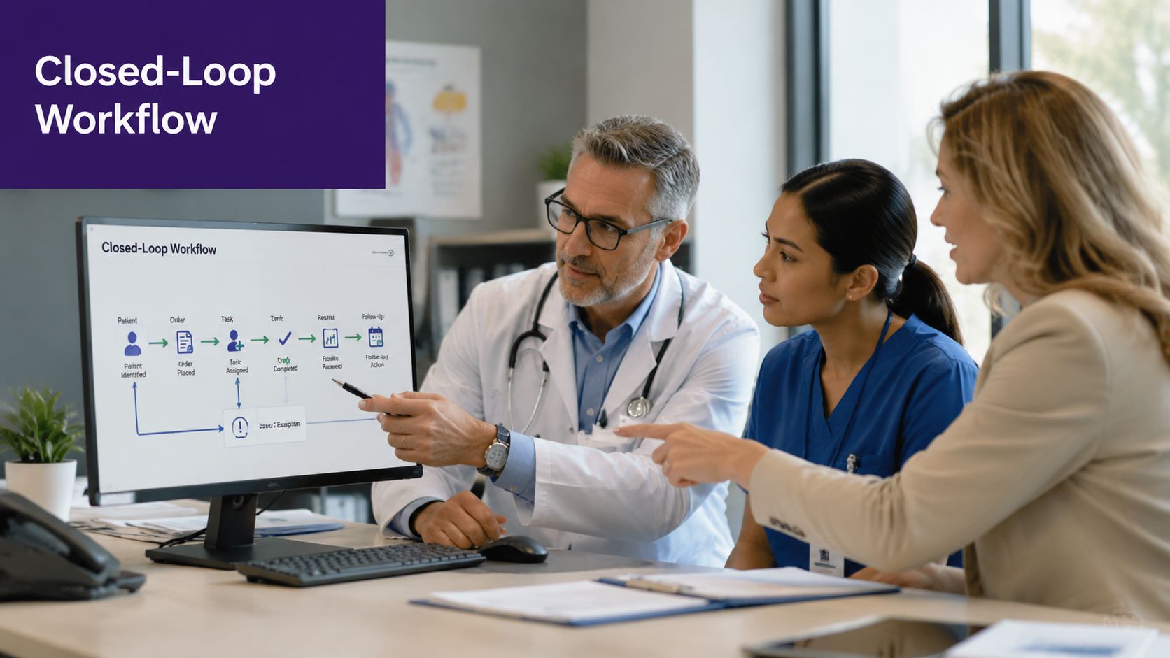A doctor and two colleagues reviewing a closed-loop clinical workflow diagram on a computer screen in an office.
