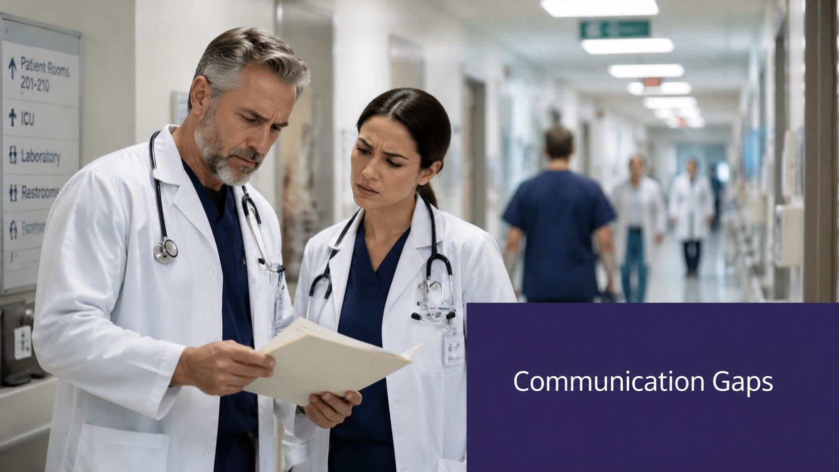 Two doctors in white coats reviewing a patient file while standing in a busy hospital corridor.