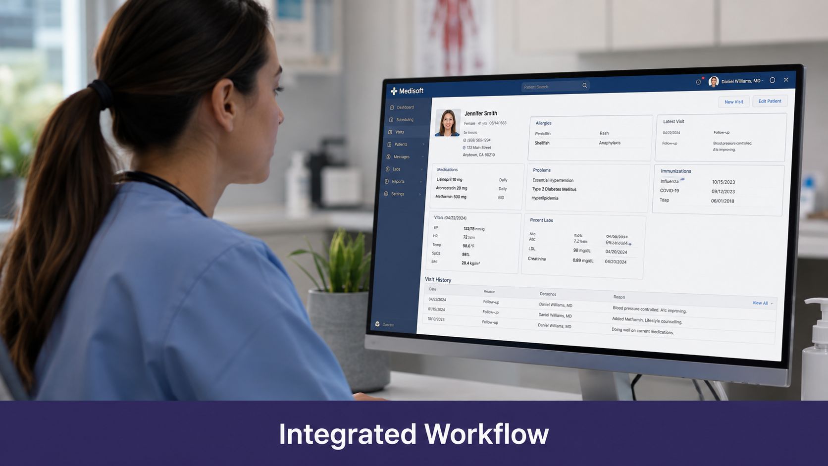 A medical professional reviews a patient's digital health records on a desktop computer screen in an office.