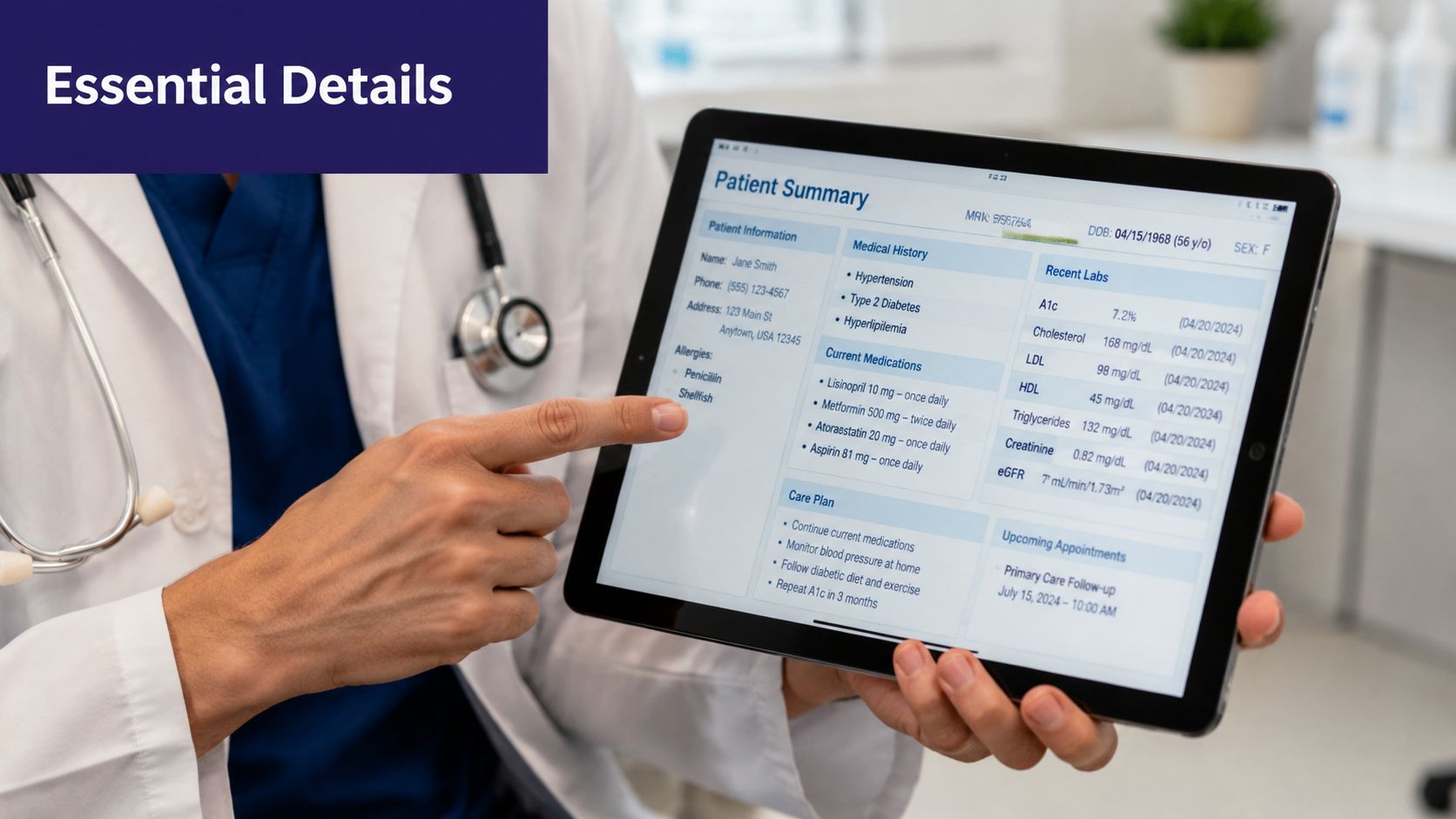 A doctor in a white coat points to a patient summary displayed on a digital tablet screen.