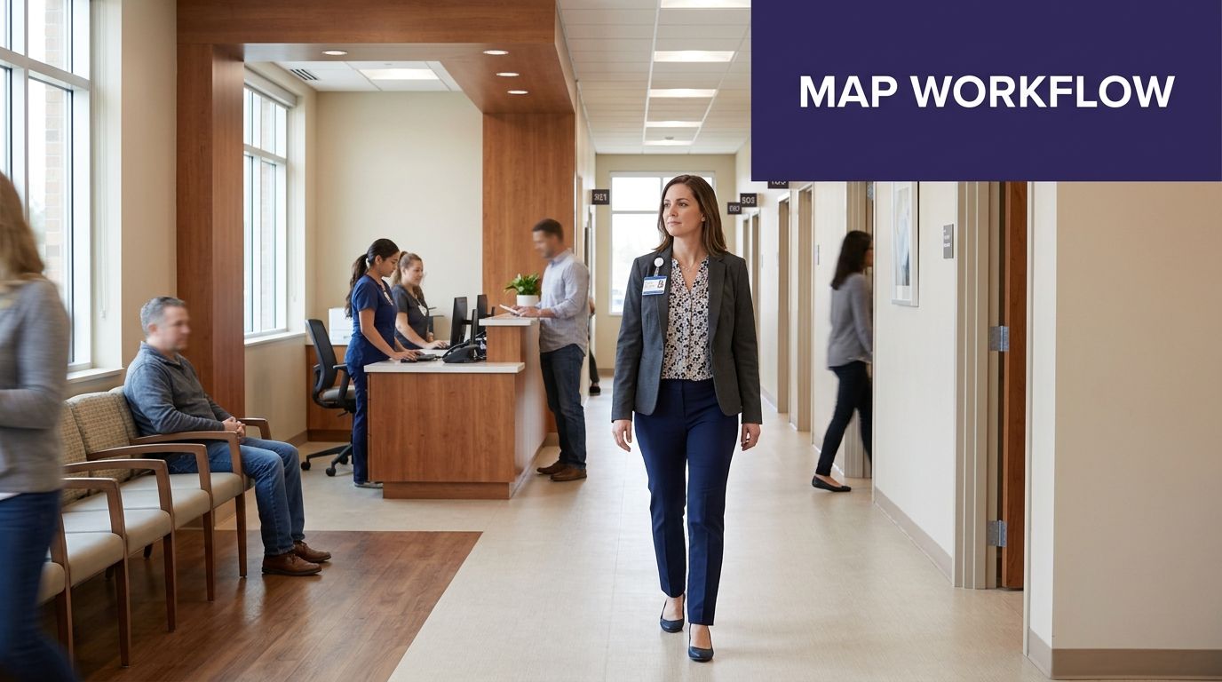 A professional woman walks through a modern urgent care clinic hallway as patients and staff work nearby.