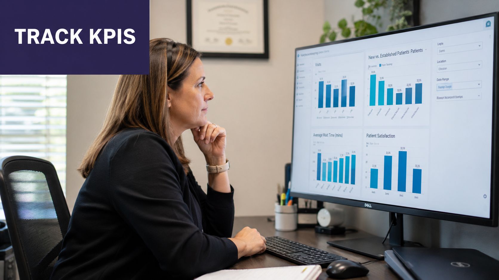A professional woman monitoring healthcare performance analytics and clinical metrics on a large computer screen monitor.