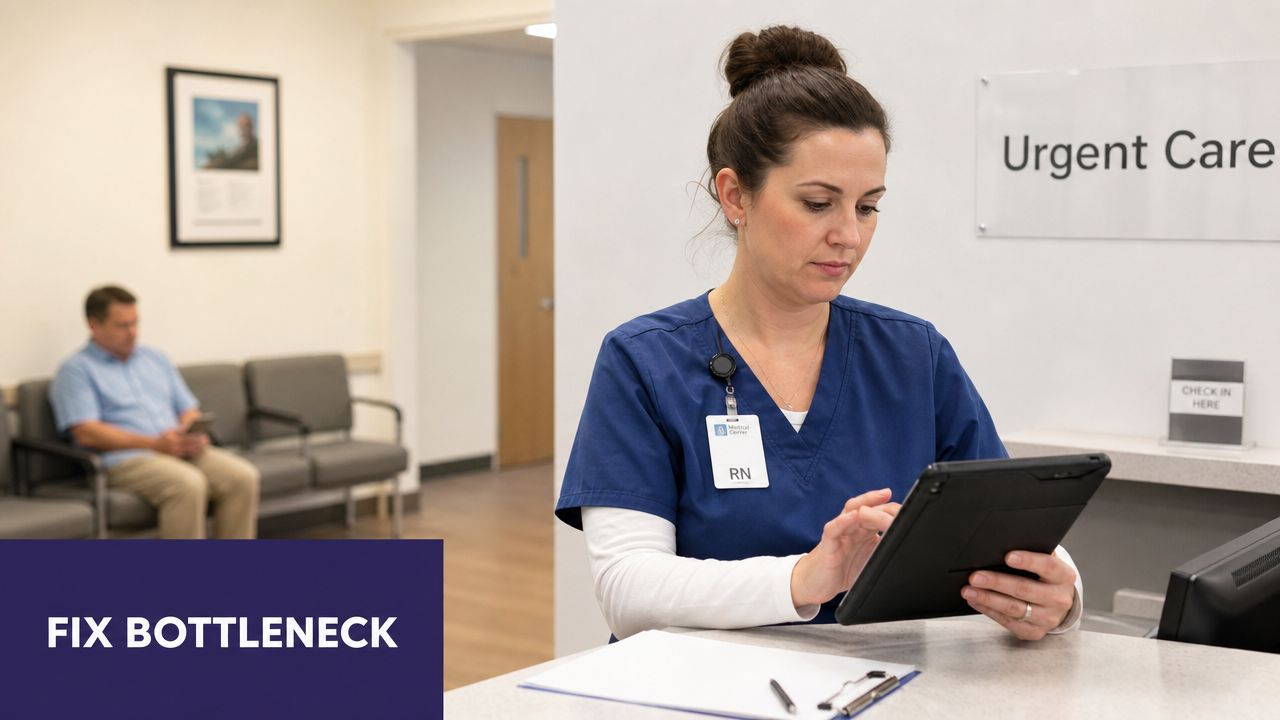 A nurse in blue scrubs using a tablet at an urgent care facility reception desk.