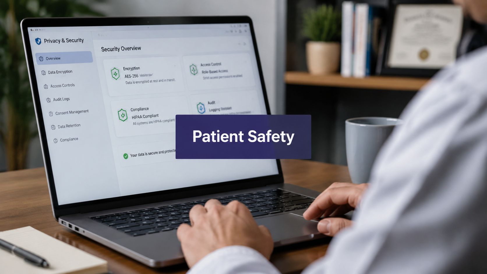 A professional working on a laptop displaying a security overview dashboard for patient health data privacy.