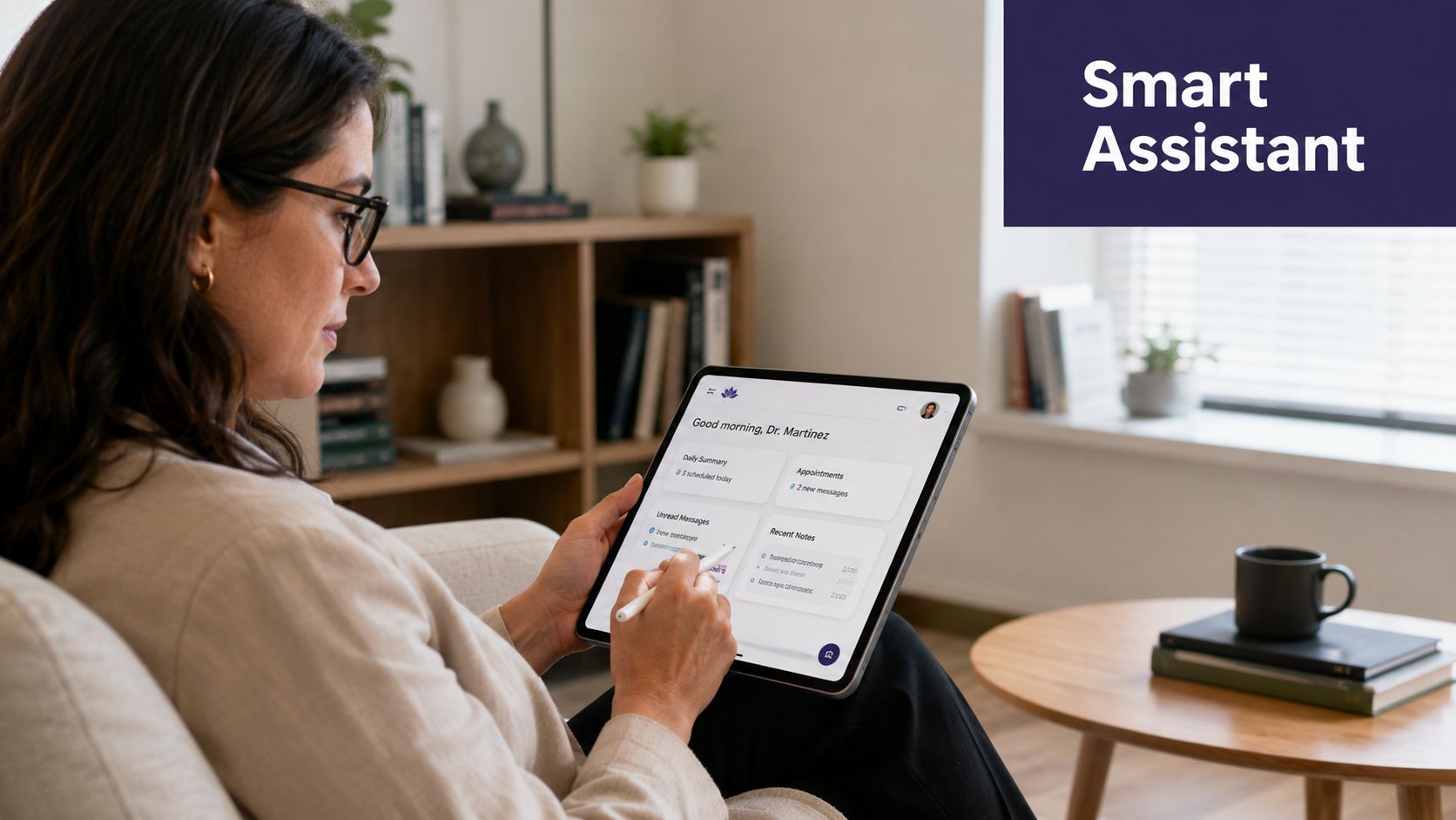 A female doctor using a digital tablet for patient management in her comfortable home office setting.