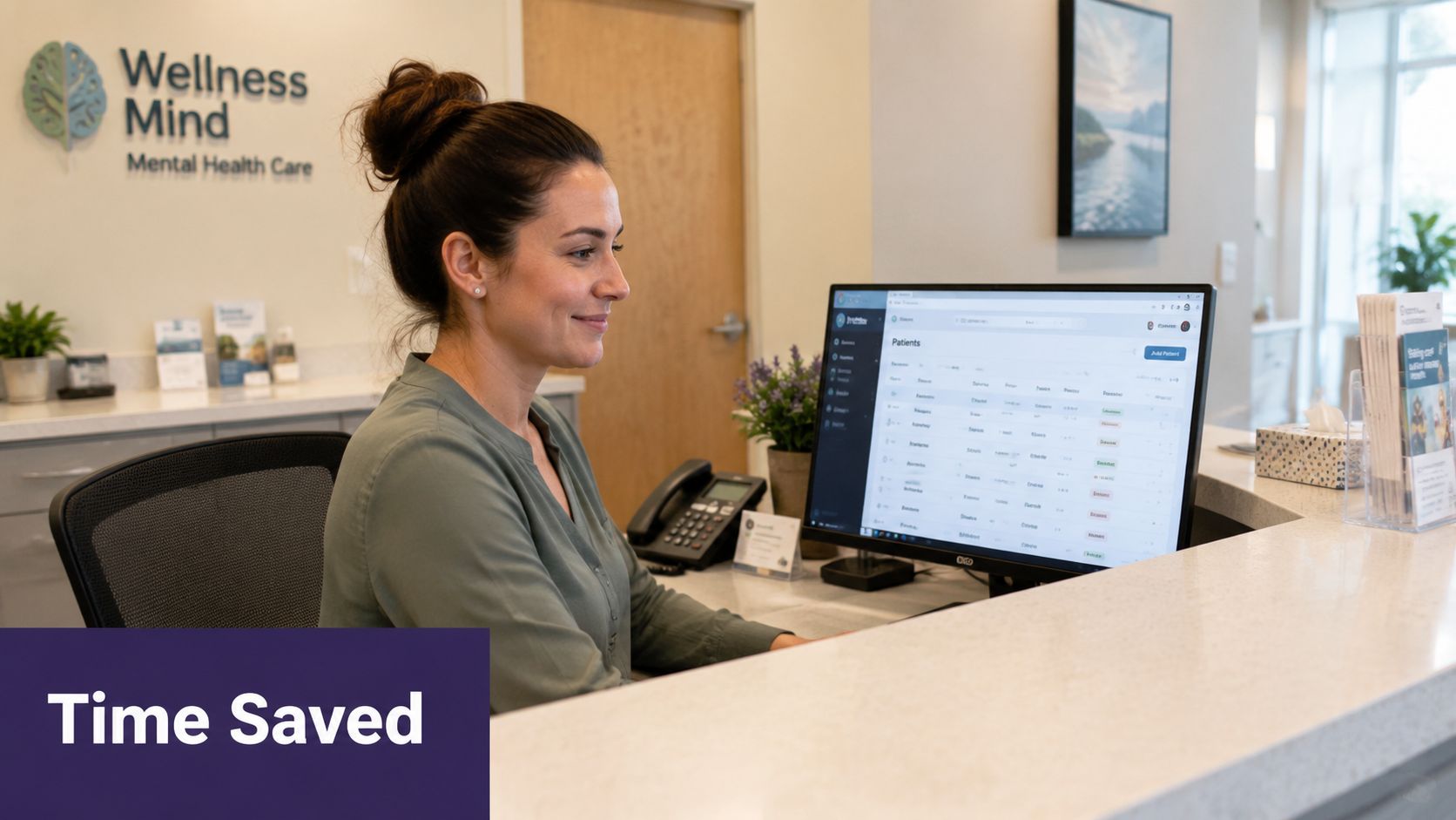 A smiling receptionist working at a front desk in a modern Wellness Mind mental health clinic.