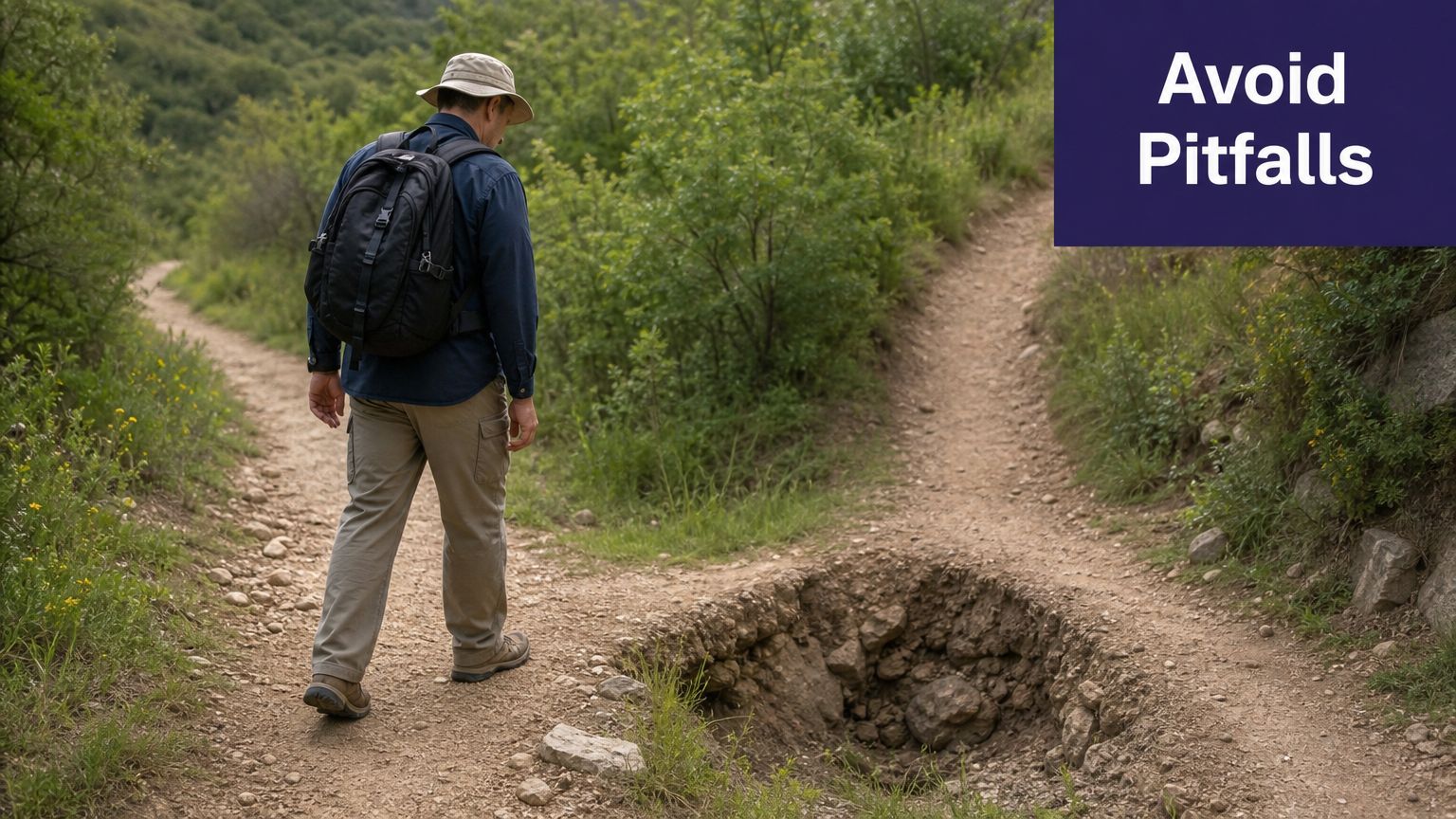 A hiker standing at a trail fork in front of a deep hole on the path.