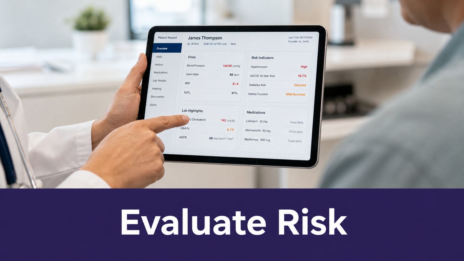 A doctor uses a tablet to discuss a patient's medical record, health vitals, and risk indicators during a consultation.