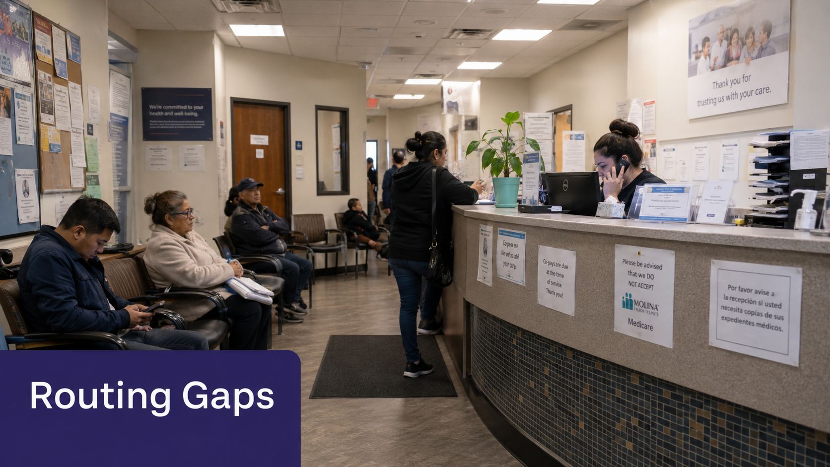 Patients wait in a medical office lobby while a receptionist speaks on the phone at the front desk.