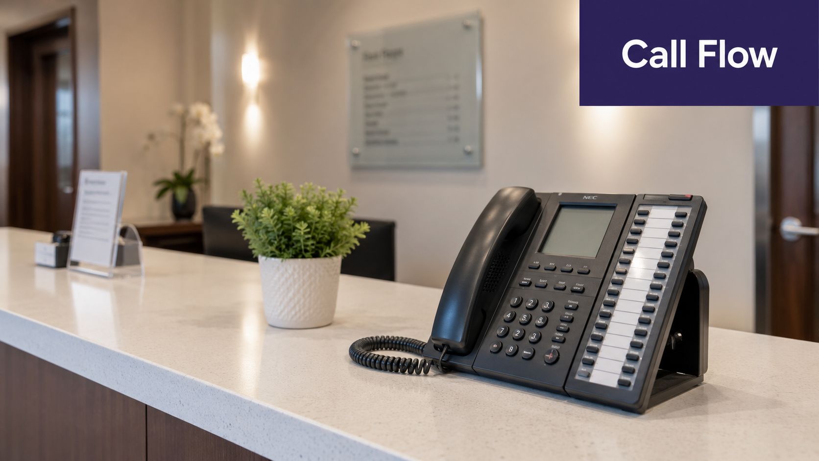 A professional office reception desk featuring a black NEC desk phone and a small potted plant.