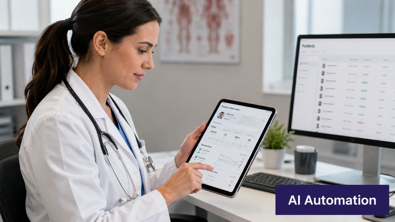 A female doctor reviewing a patient's digital health records on a tablet in her medical office.