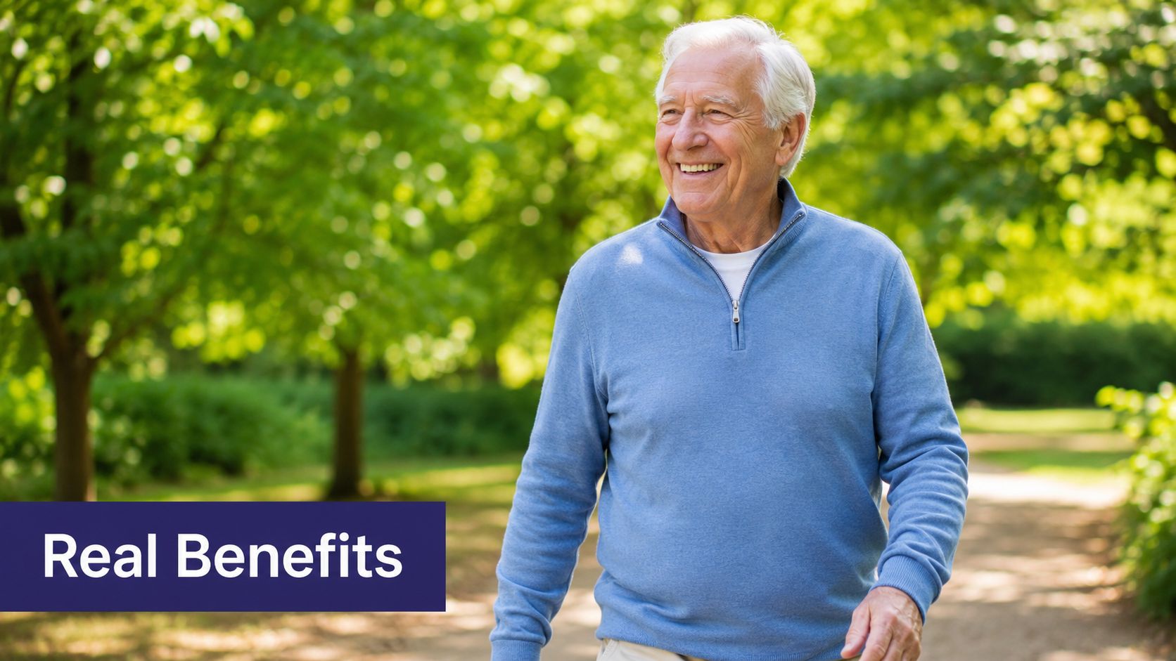 A happy senior man smiling while walking through a bright and lush green park during the day.