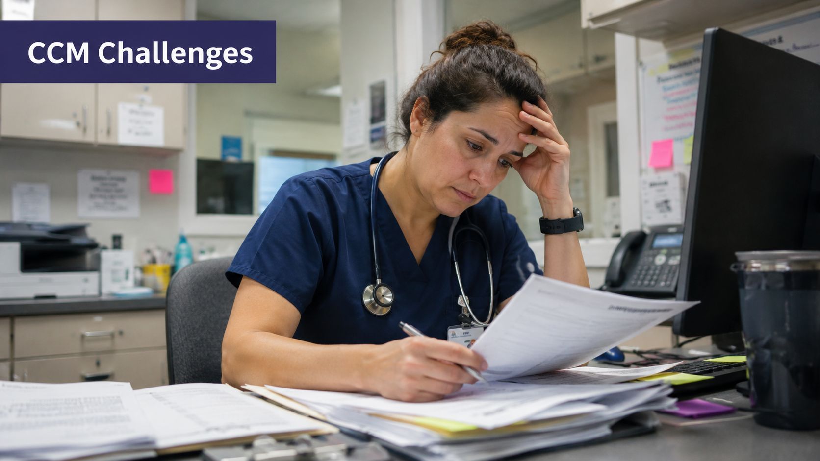 A stressed female nurse sitting at a desk in a medical office reviewing paperwork.