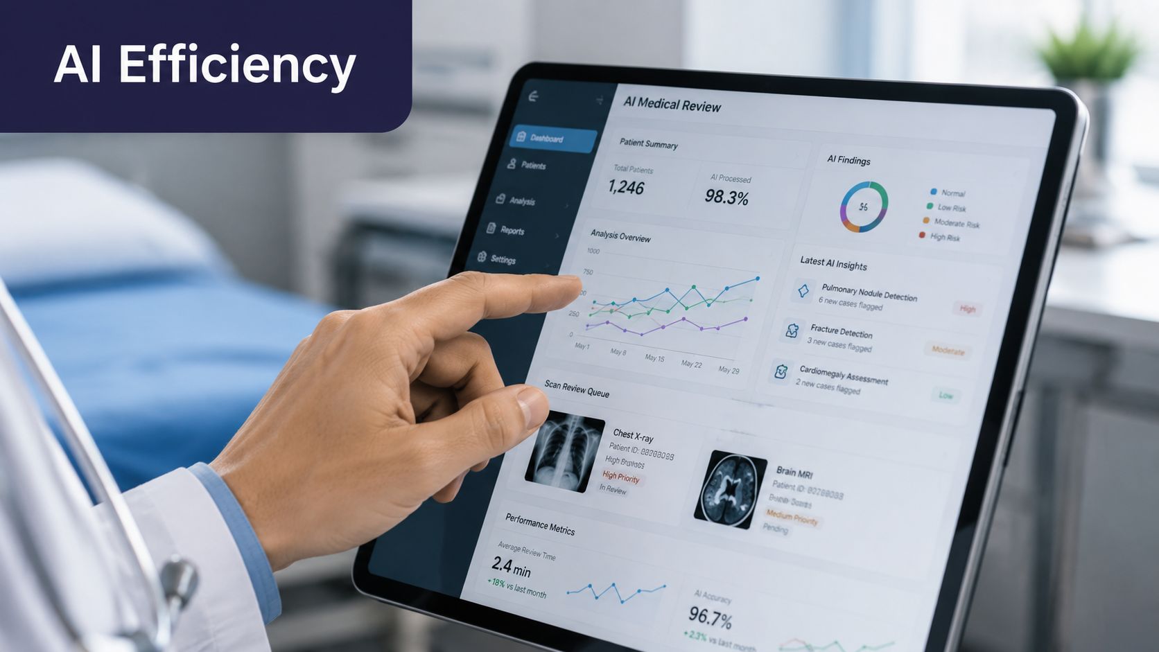 A doctor interacting with an AI-driven medical analytics tablet dashboard to review patient scans and health data.