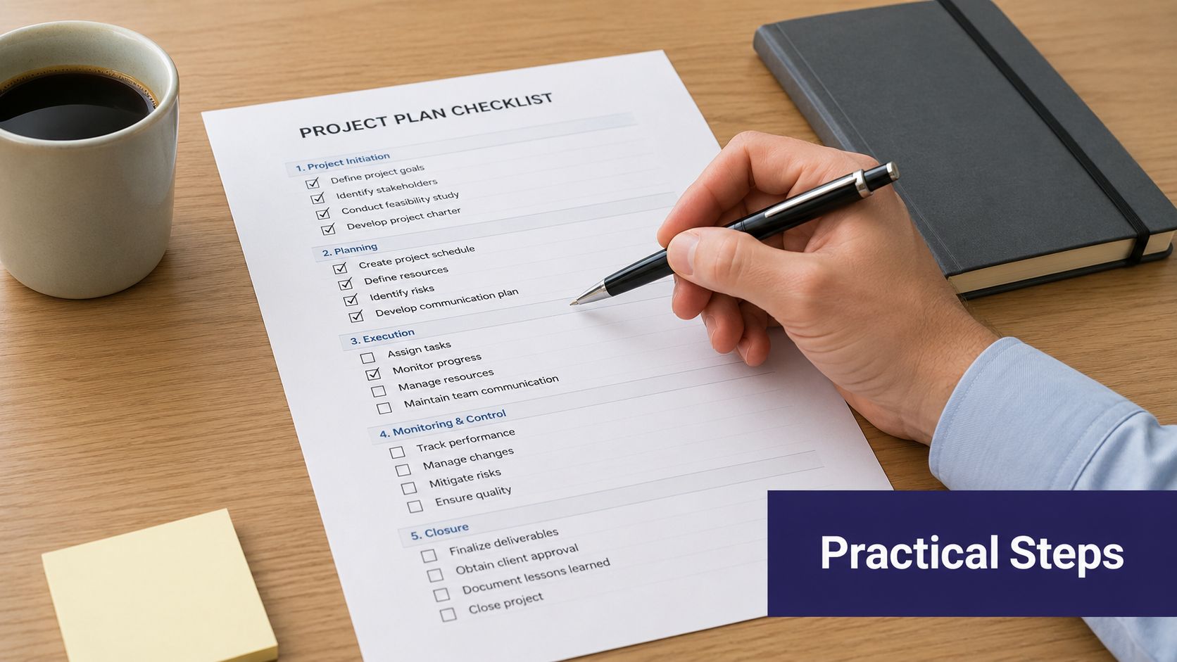 A professional filling out a project plan checklist on a wooden desk with coffee and a notebook.