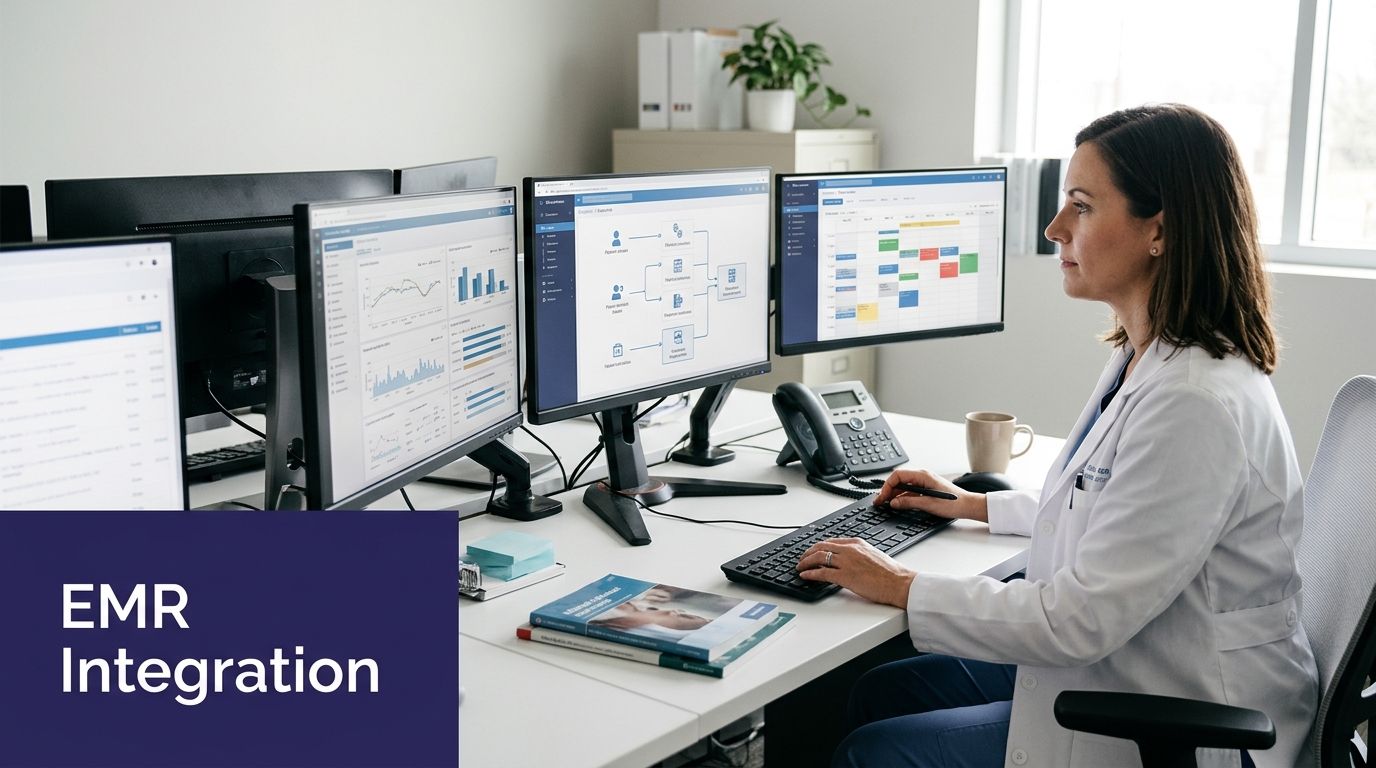 A healthcare professional analyzing laboratory data on multiple computer monitors in a modern medical office setting.
