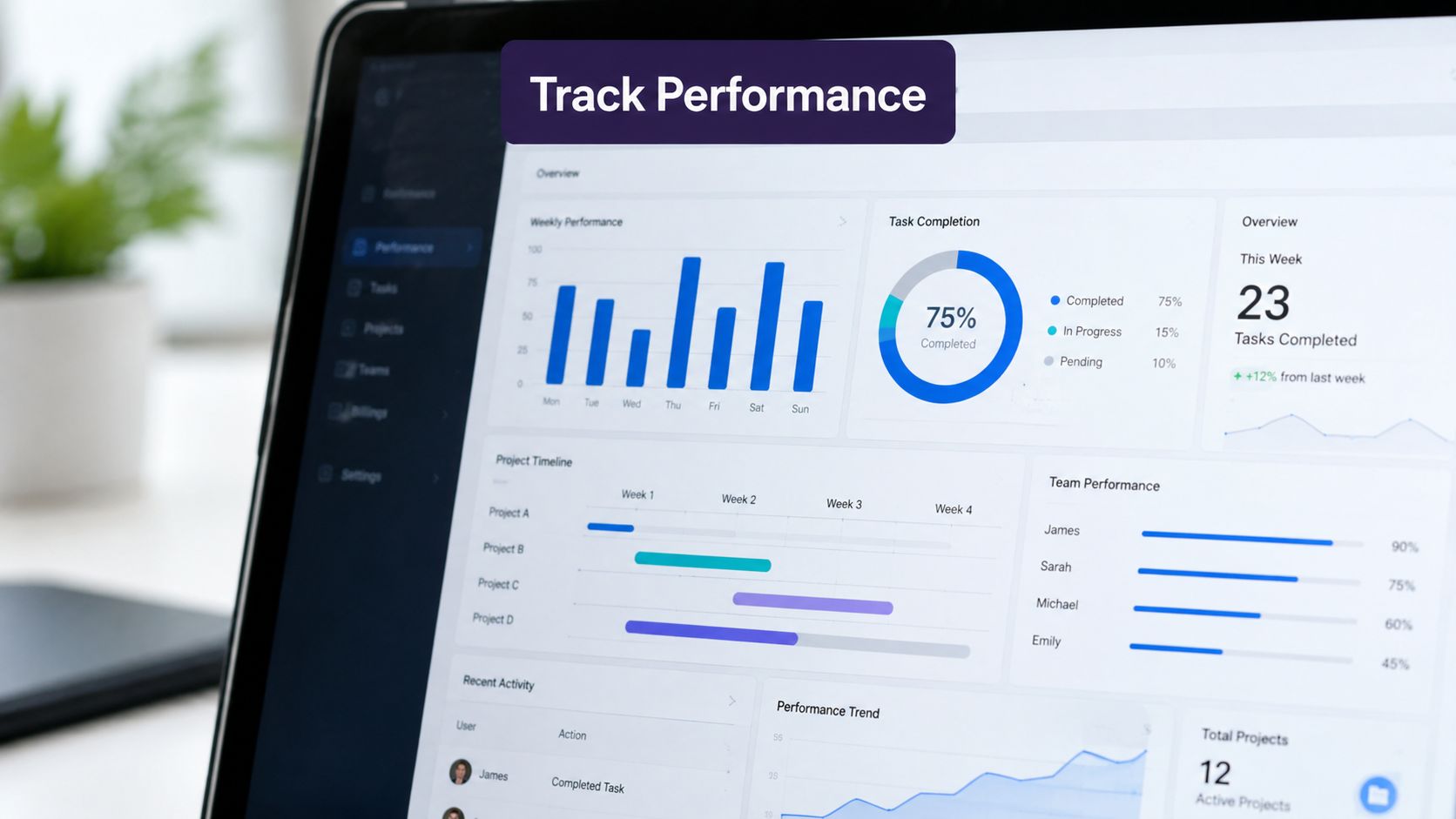 A laptop screen displaying a data analytics dashboard tracking team performance and project task completion rates.