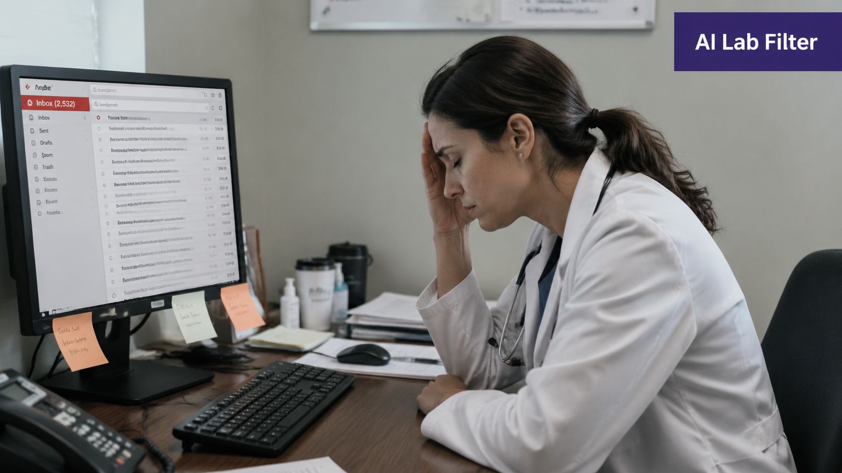 A stressed female physician in a white coat looking exhausted while reviewing medical results on her computer.