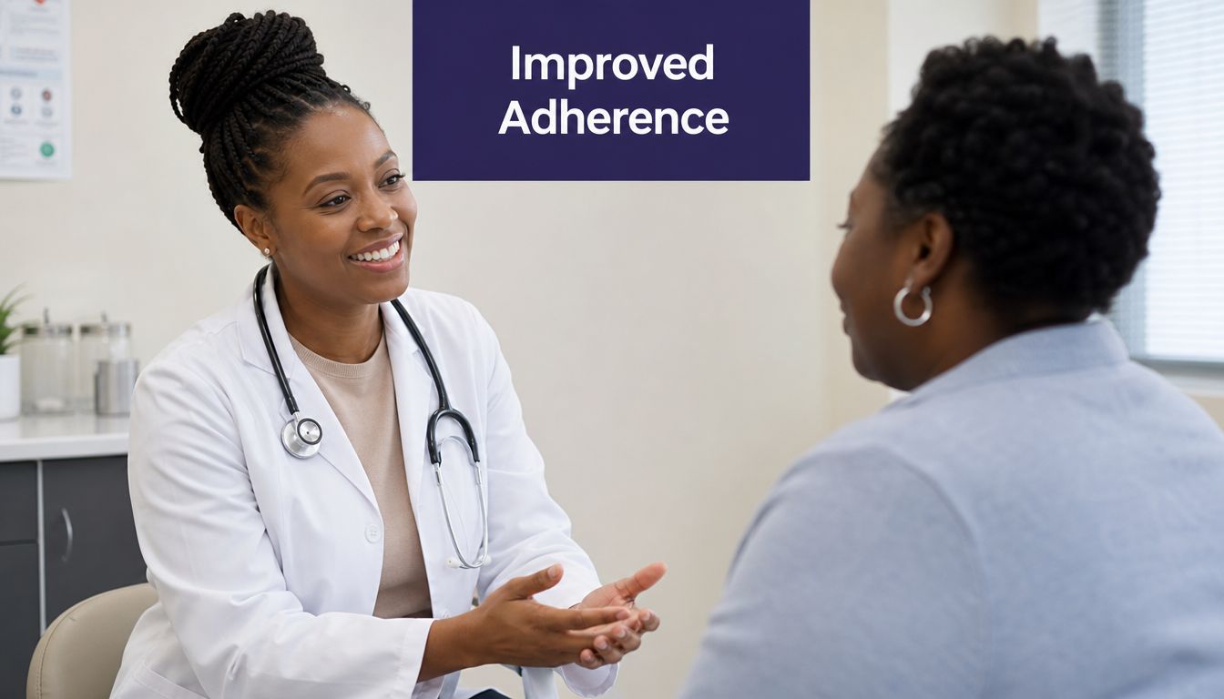 A smiling female doctor talks with a patient in a clinic with text saying Improved Adherence.