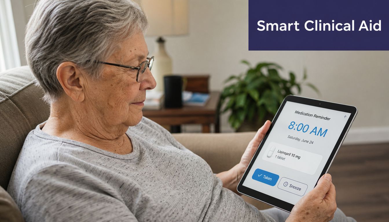 An elderly woman sitting comfortably on a chair while holding a tablet showing a medication reminder.