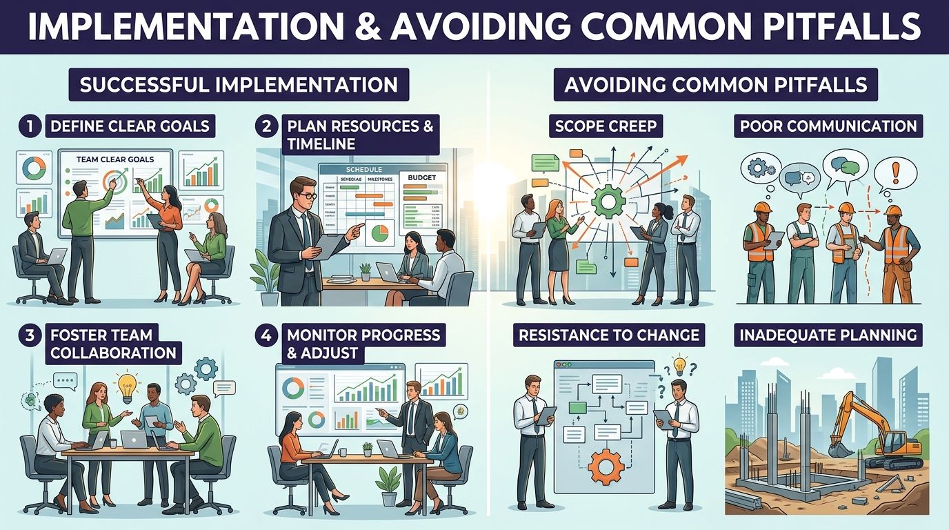 A structured business infographic detailing successful implementation strategies and common project management pitfalls to avoid.