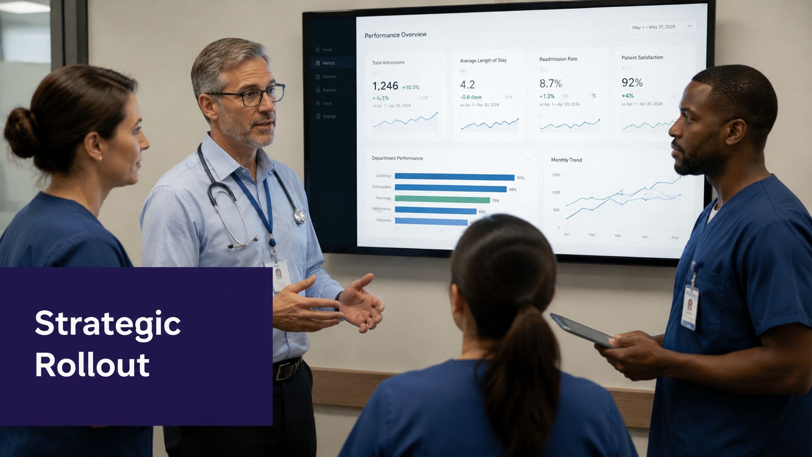 Medical professionals reviewing healthcare analytics dashboard on a screen during a collaborative strategic planning meeting.
