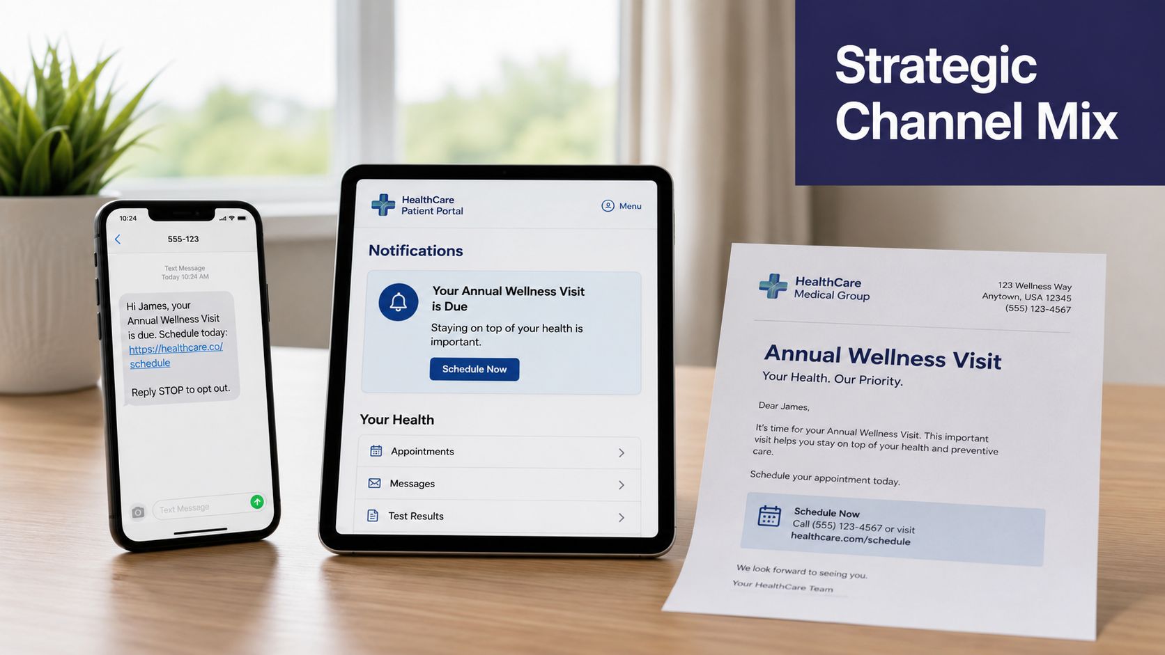 A smartphone, tablet, and letter displaying digital and physical appointment reminders for an annual wellness visit.