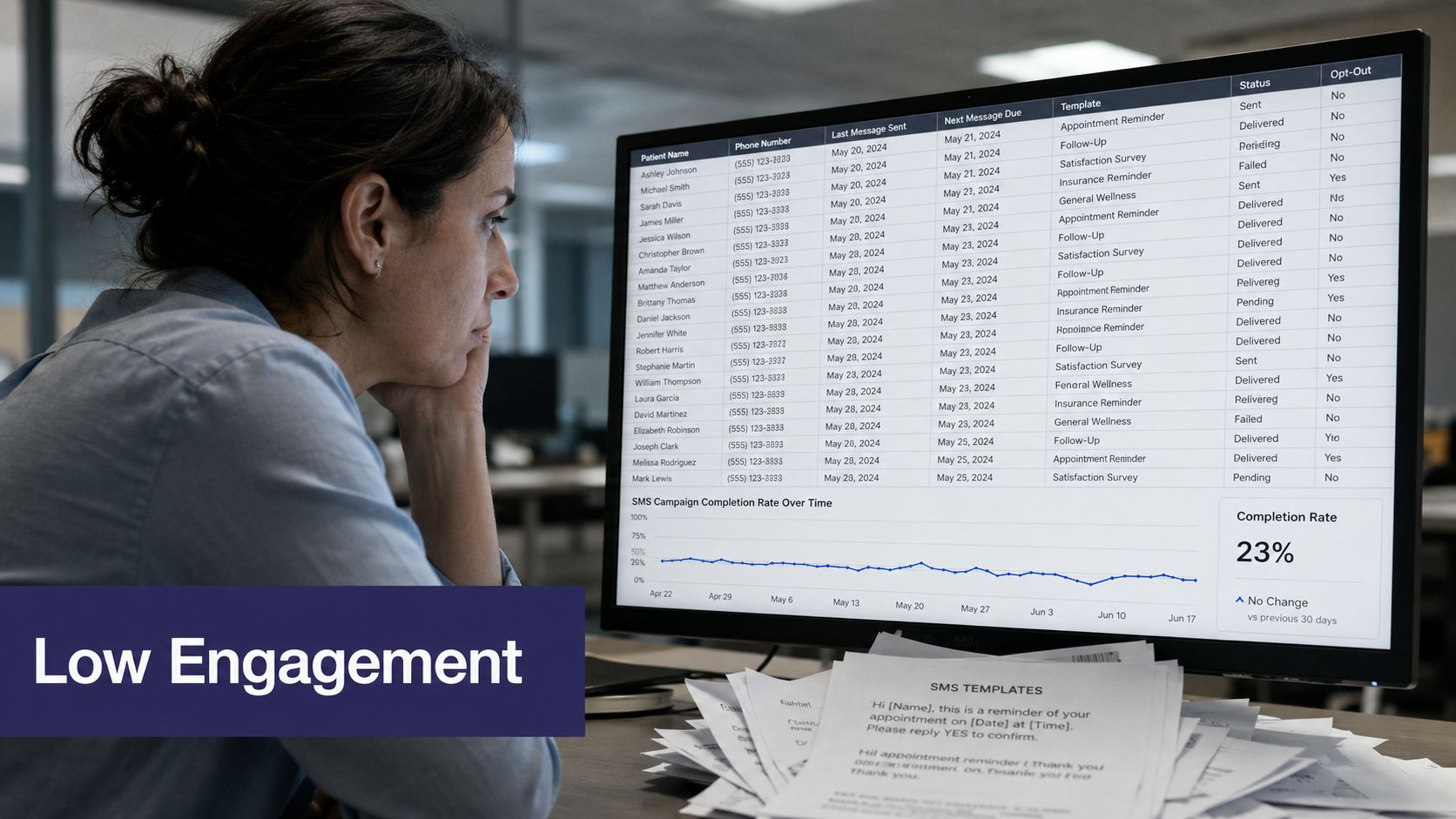 A professional analyzing patient engagement metrics and SMS campaign performance on a digital computer dashboard.