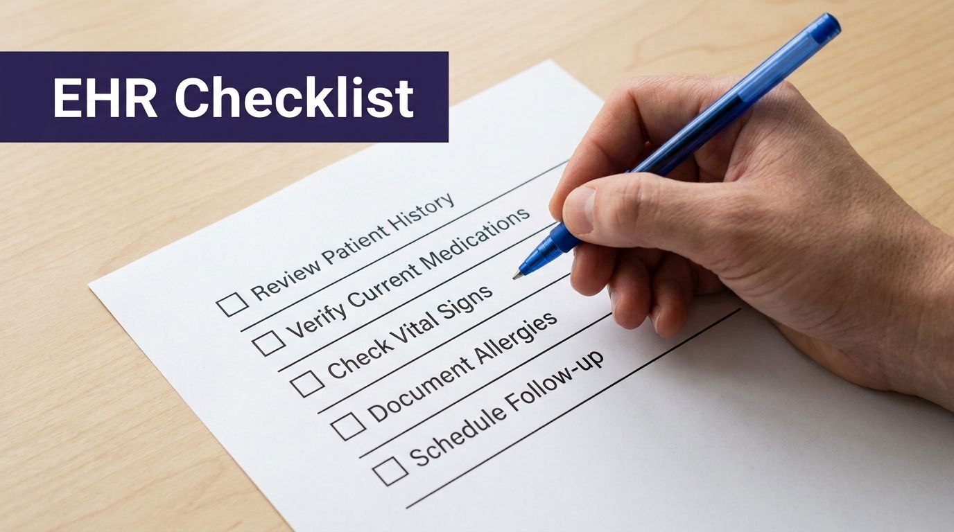 A close-up of a person filling out an EHR checklist on a document with a blue pen.