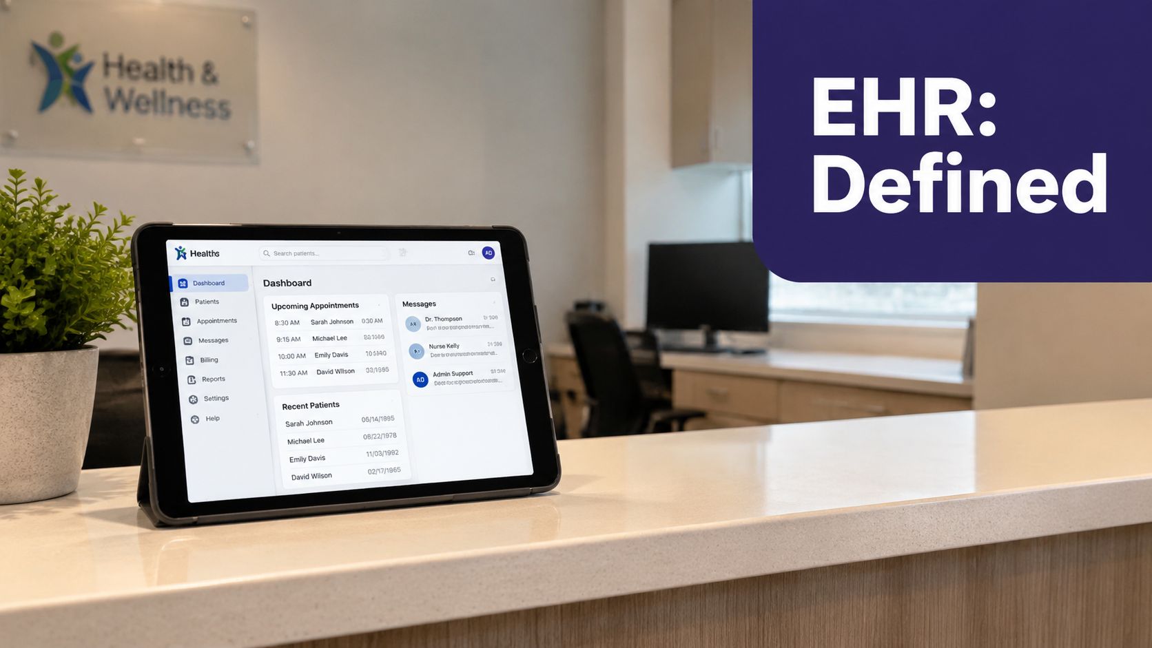A digital tablet displaying an electronic health records dashboard on a reception desk in a clinic.