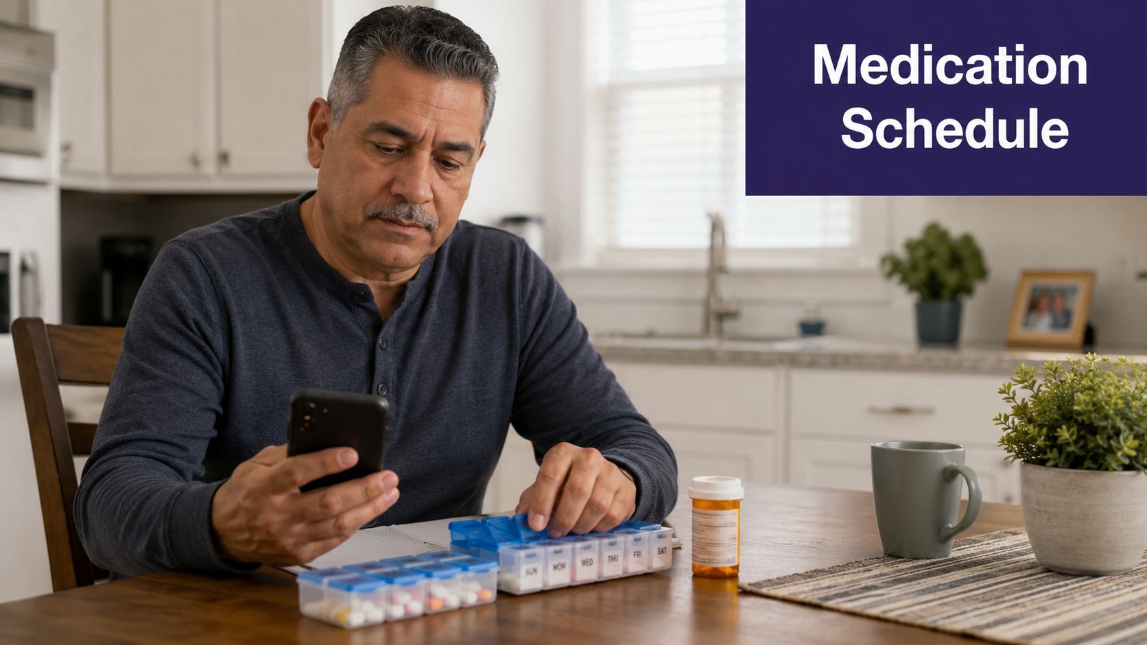 An older man sitting at a kitchen table consulting his smartphone while organizing his weekly medication pill box.