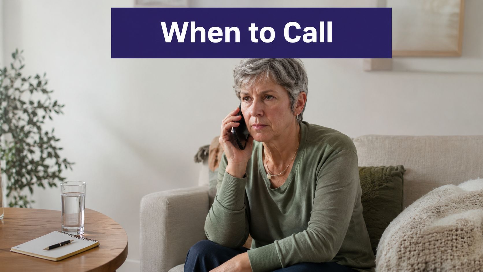 A concerned woman sitting on a couch speaking on her mobile phone during a care consultation.