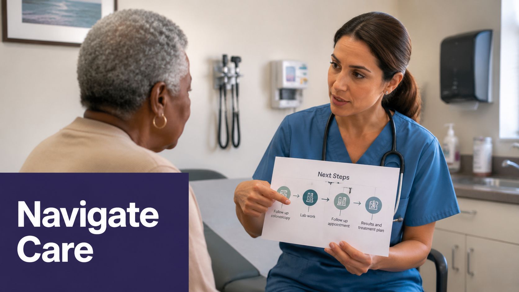 A healthcare provider explains the next steps of a medical treatment plan to an elderly patient.
