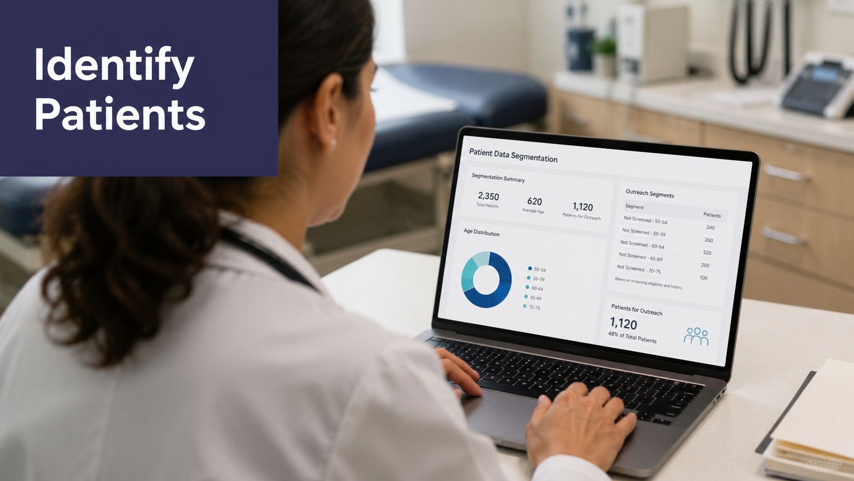 A healthcare professional analyzing patient data segmentation on a laptop screen for targeted cancer screening outreach.