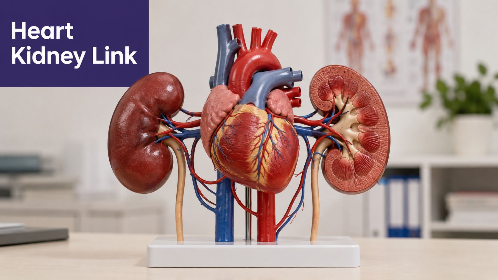 An anatomical model of a human heart and kidneys displayed on a medical office desk.