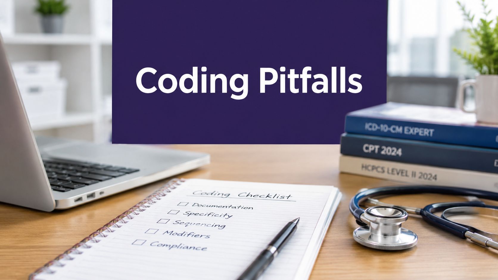 A professional desk featuring medical coding books, a checklist, and a stethoscope for medical billing education.