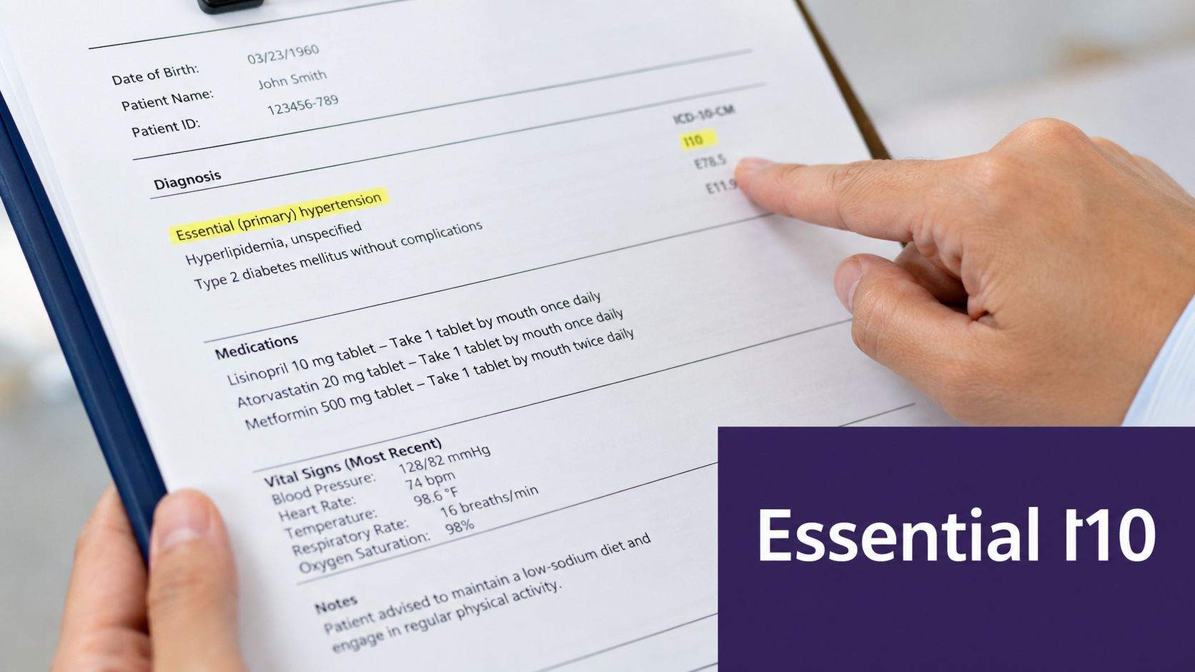 A doctor points to the ICD-10 code for essential hypertension on a patient's medical diagnosis document.