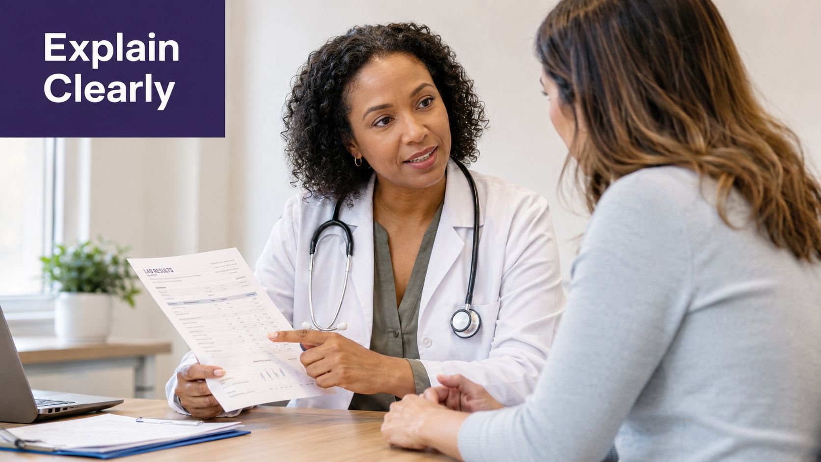 A female doctor in a white coat explaining medical lab results to her patient in an office.