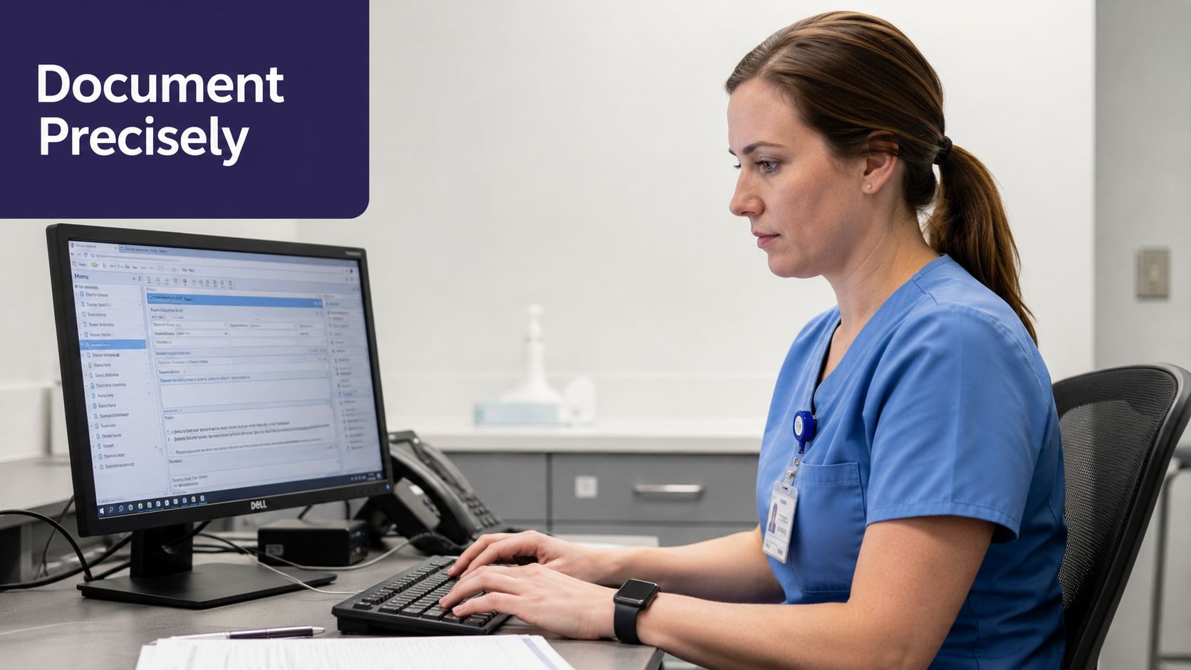 A healthcare professional in blue scrubs working on a computer to document patient information at a desk.