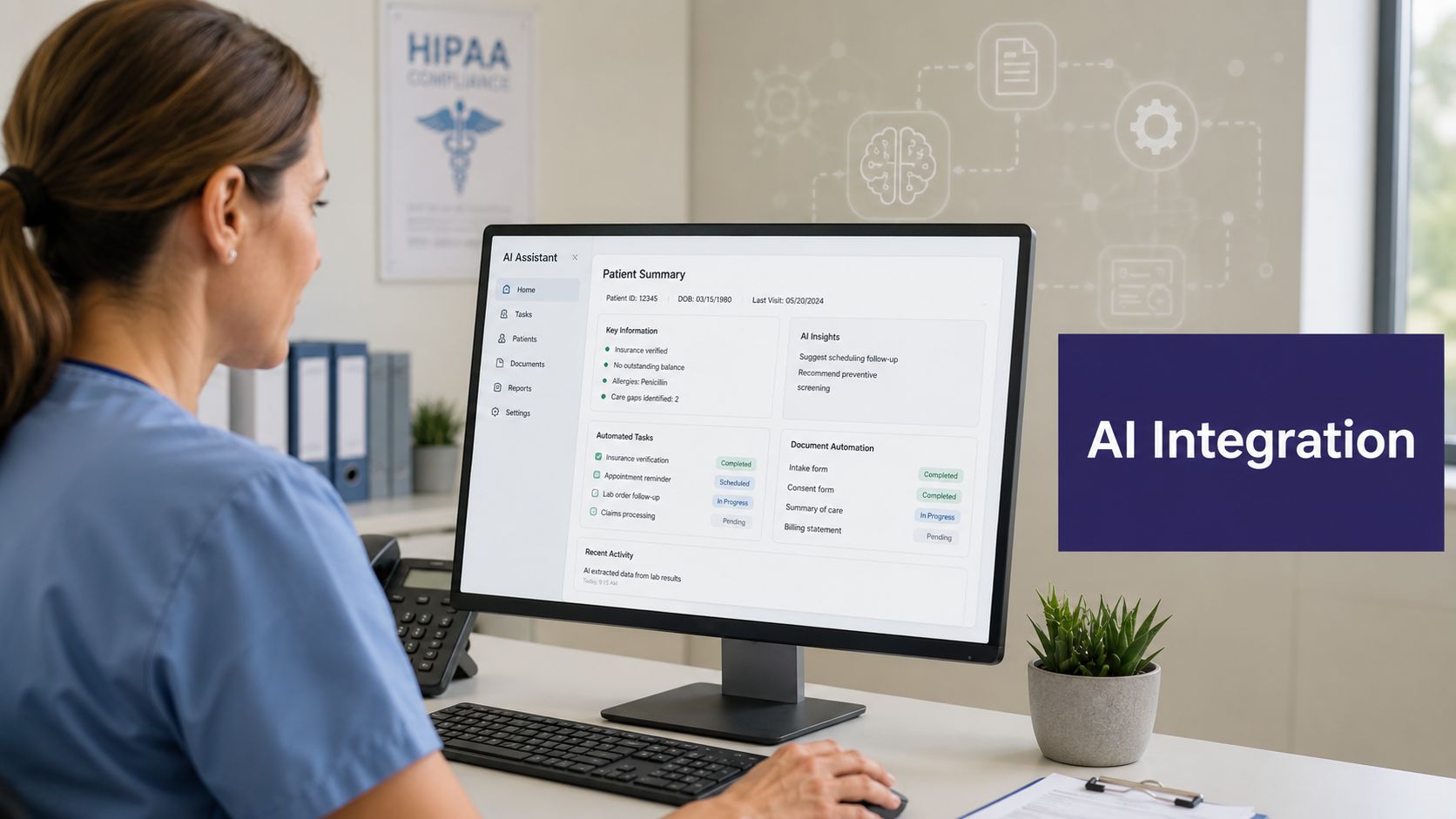 A healthcare professional working on a computer displaying AI-driven patient data and automated office tasks.